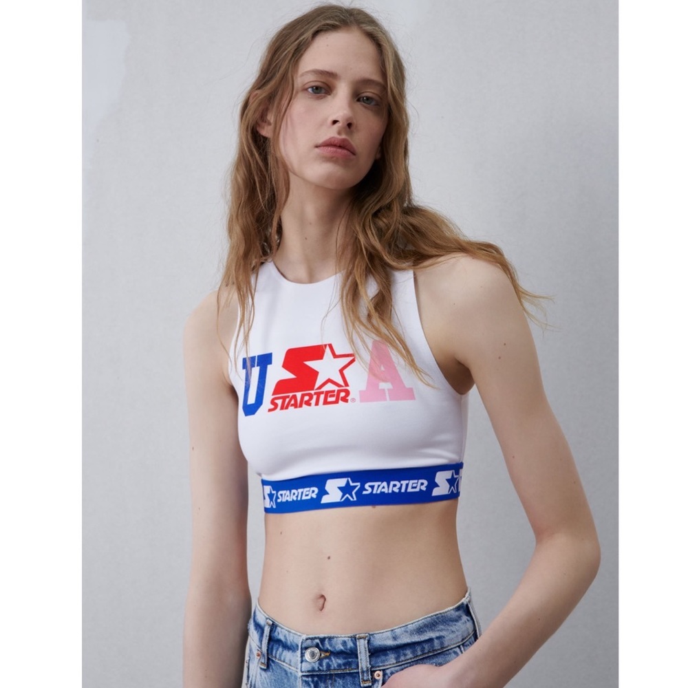 NWT ZARA STARTER 50 USA Crop Top Medium White Red Blue